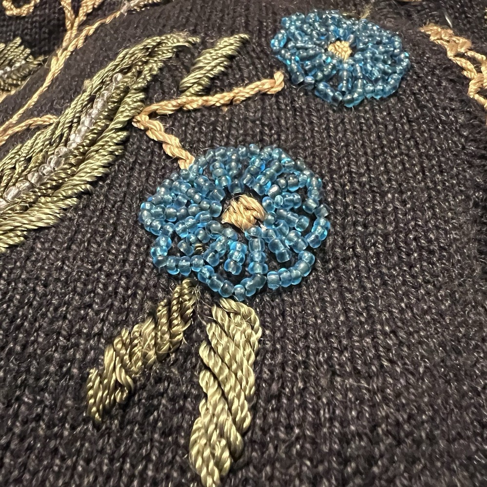 Vintage Arriviste Black Floral Beaded Button Up Cardigan Sweater Cotton Blend L - Picture 3 of 16